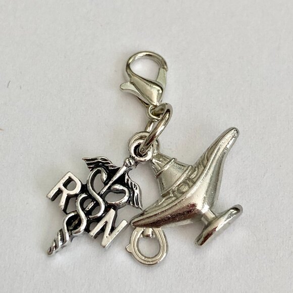 RN Nursing Caduceus Lamp Clip On Charm Zipper Pull Purse Charm Silver Plated - Picture 5 of 8
